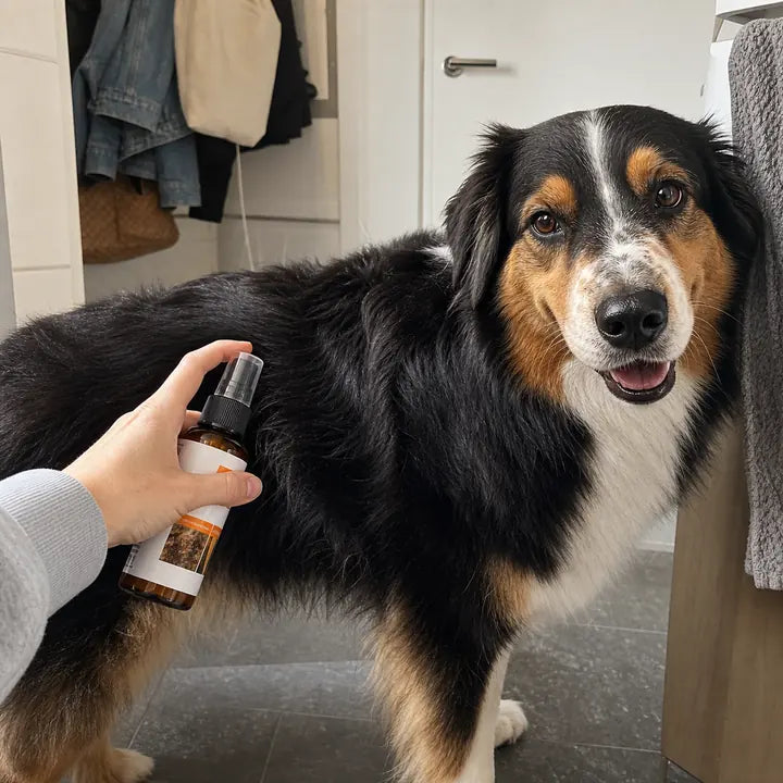 Woofl smooth spray wordt gebruikt op een hondenvacht