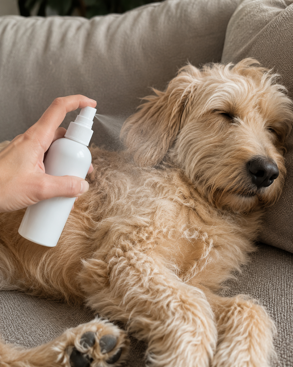 Een hond die een lichte verzorgende spray krijgt met de Woofl Smooth Spray