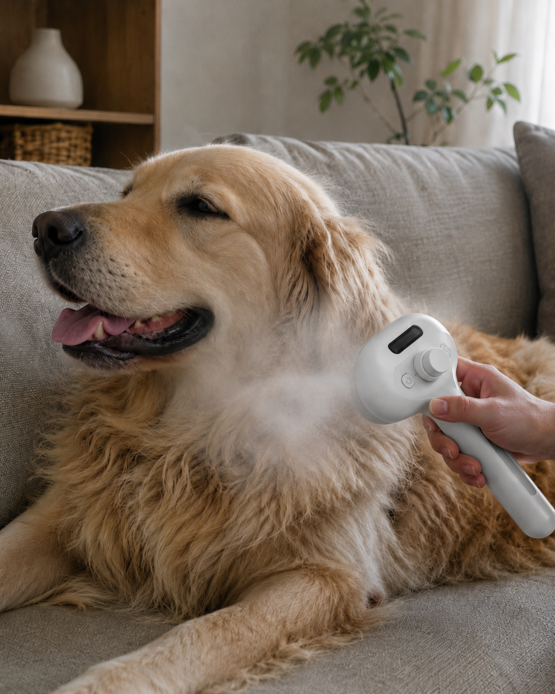 Een golden retriever die rustig wordt verzorgd met de witte Woofl stoomborstel