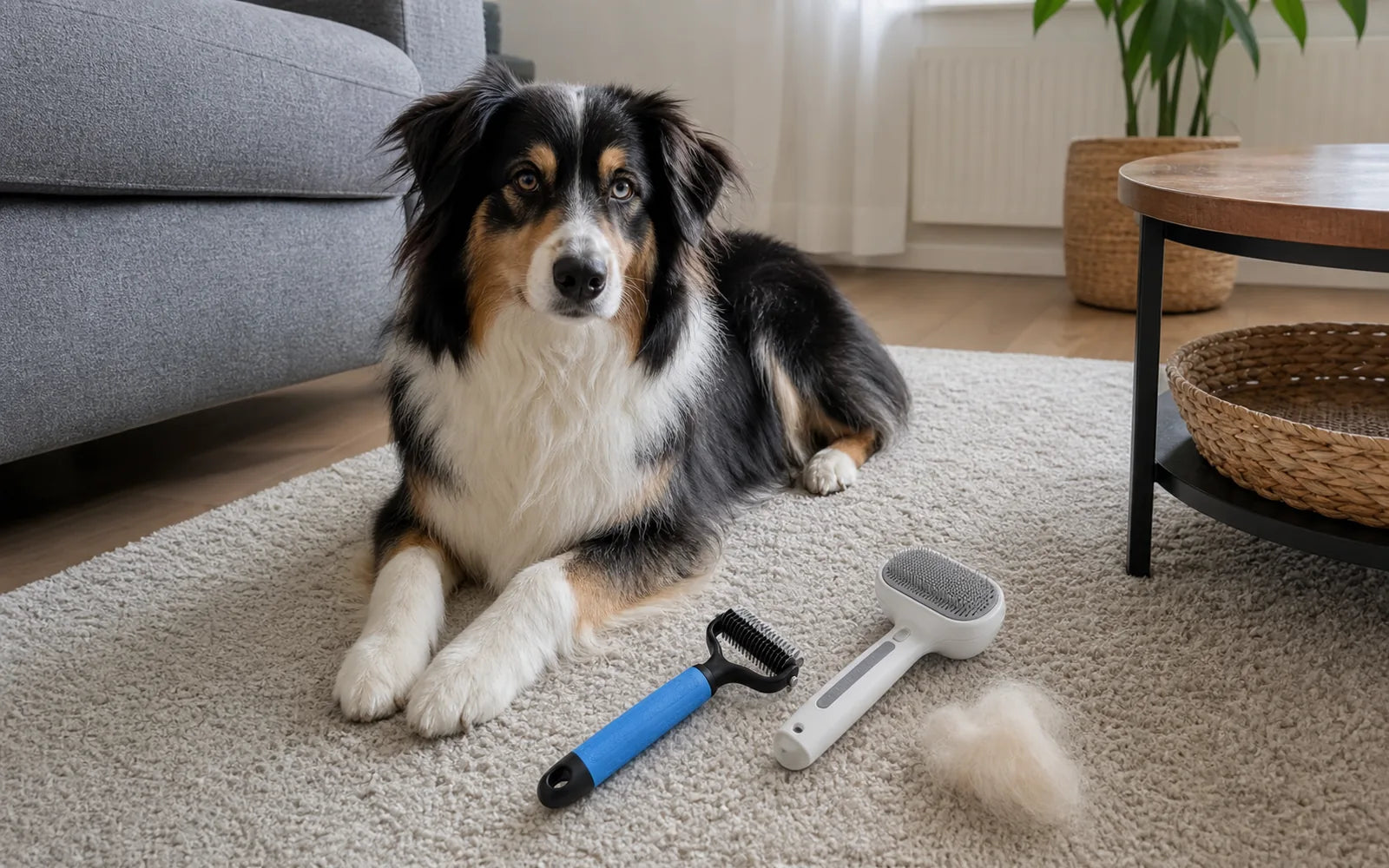 Hond op een kleed met meerdere vachtverzorgingstools