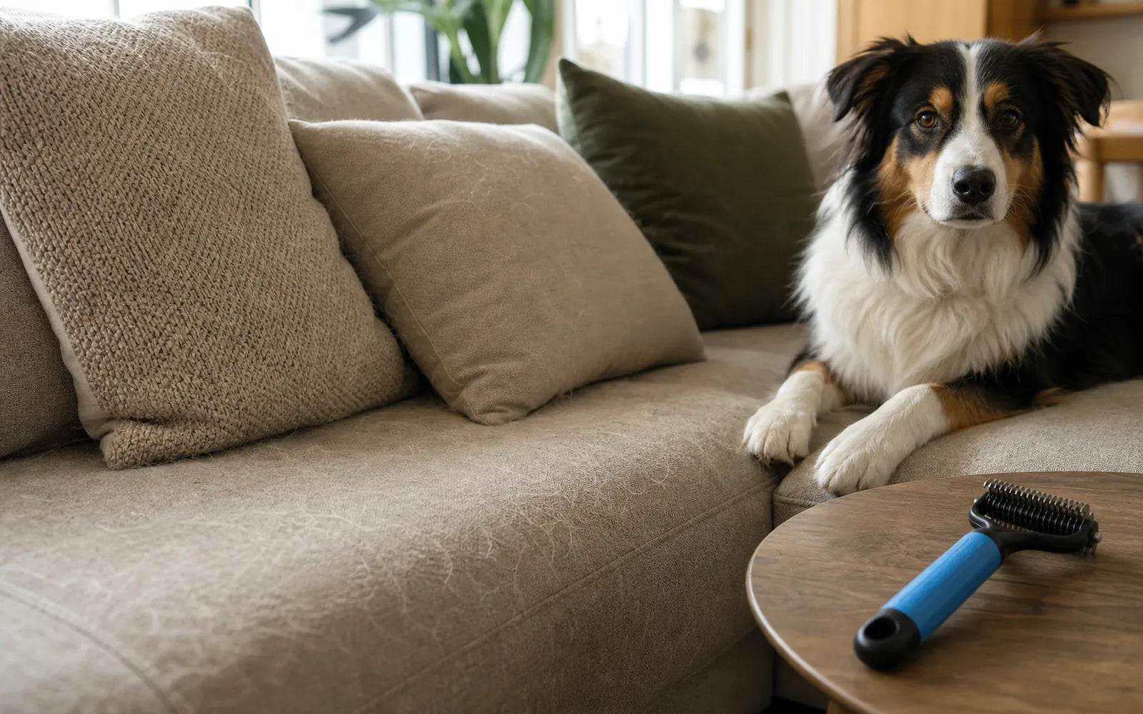 Hond naast een bank met Woofl kam op tafel