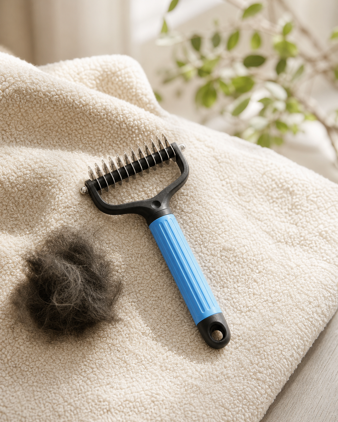 Woofl Comb met losse onderwol op een zachte handdoek