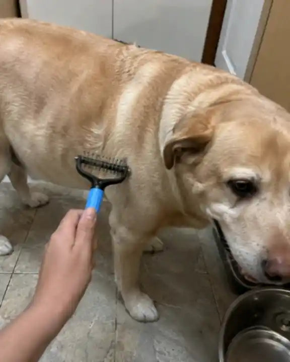 Een lichte hond die thuis met de blauwe Woofl Comb wordt gekamd