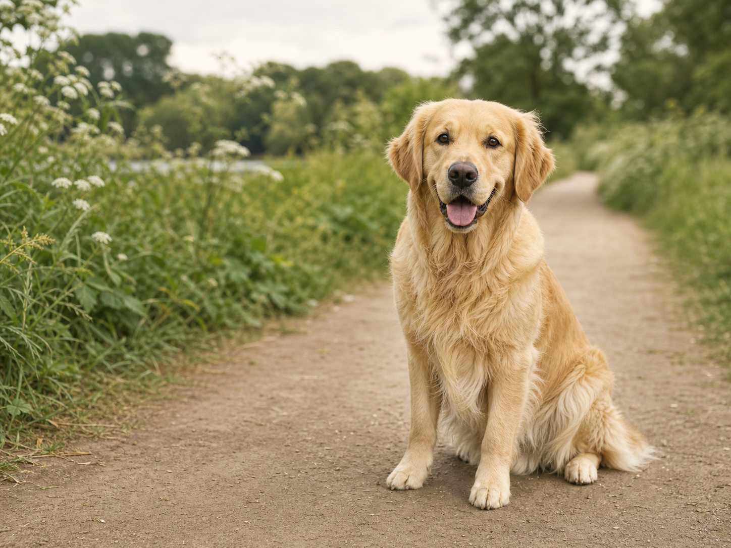 Vriendelijke golden retriever op een wandelpad