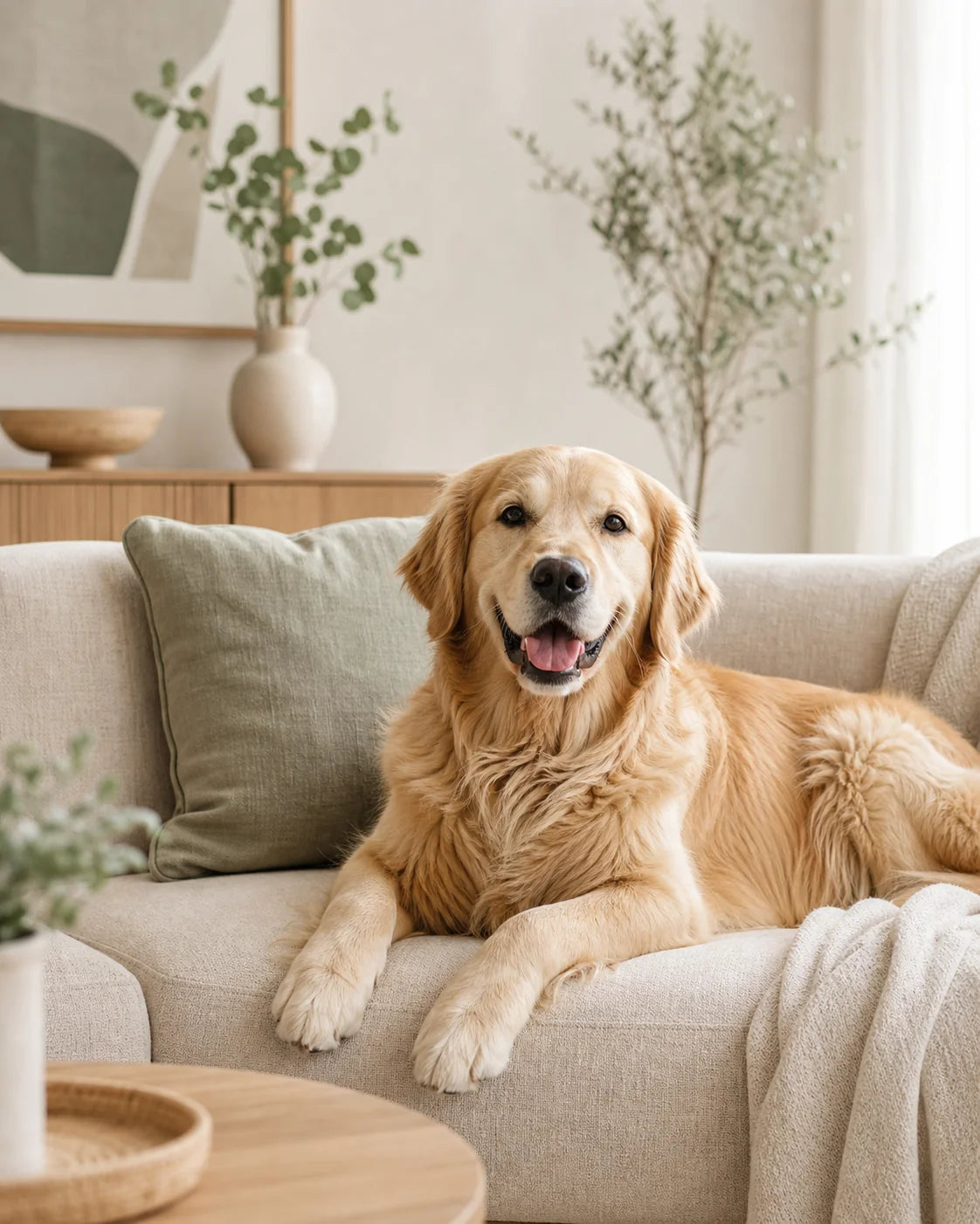 Blije hond op een schone bank in een licht interieur